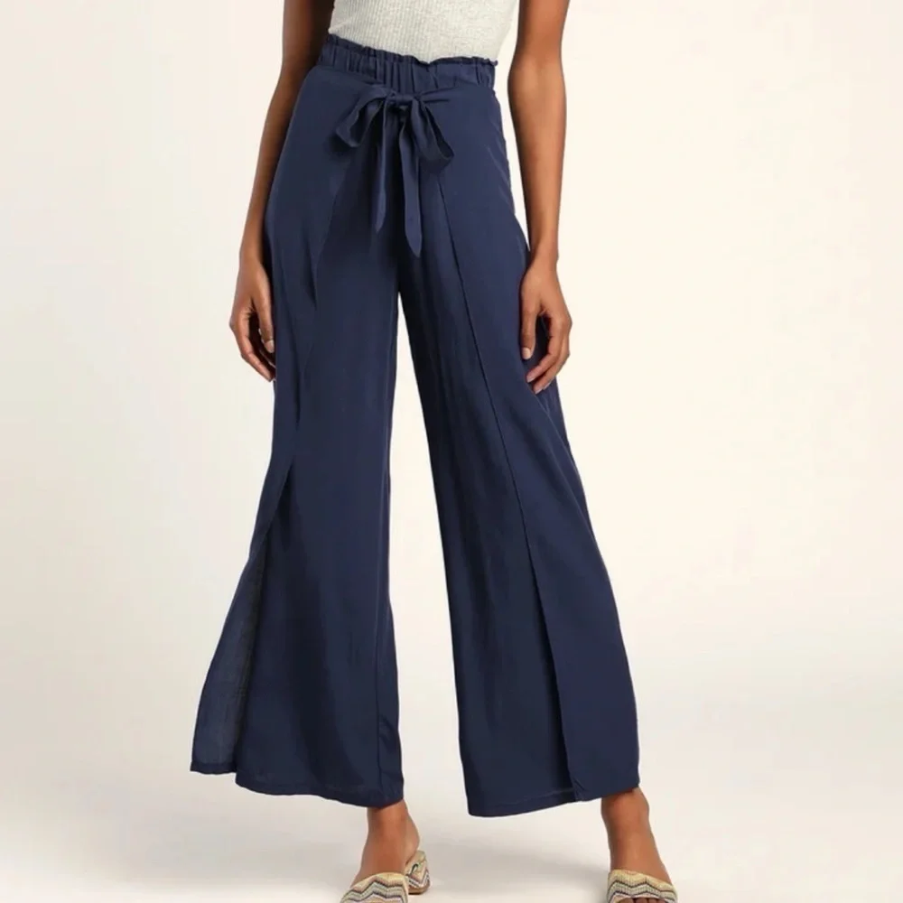 Lulus Always Here For You Navy Blue Tie Front Wide Leg Pants Pull On Ankle XS - Picture 1 of 11
